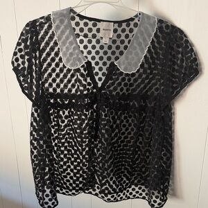 Maeve Black Polka Dot Sheer Blouse with White Scalloped Collar